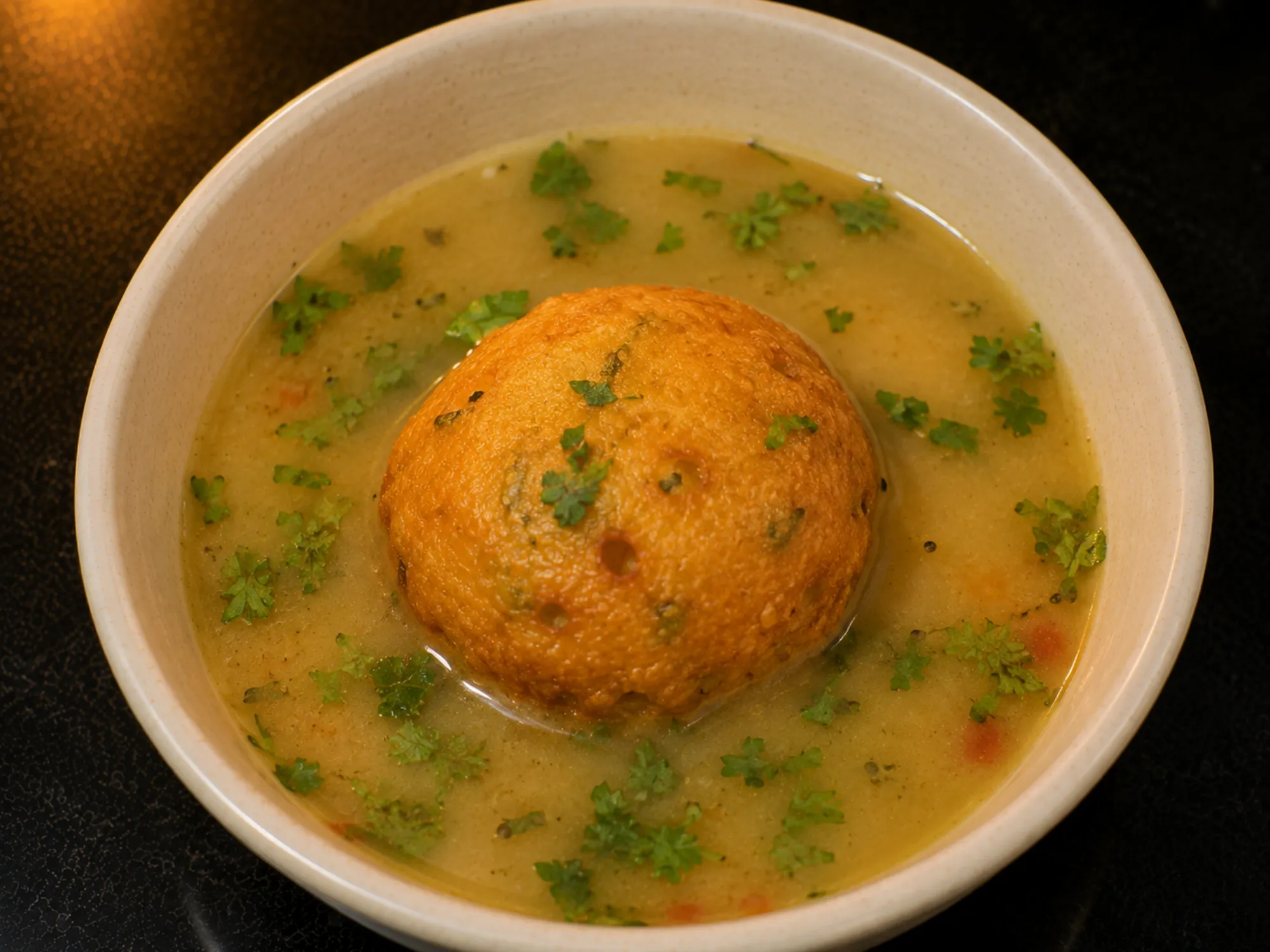 A golden bonda sitting in a bowl of thin pale dal soup, scattered with coriander