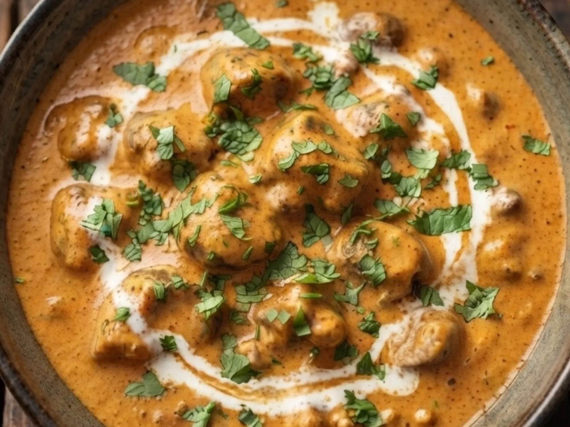 Restaurant-style mushroom masala in a deep red-brown cashew gravy, finished with a swirl of cream and chopped coriander