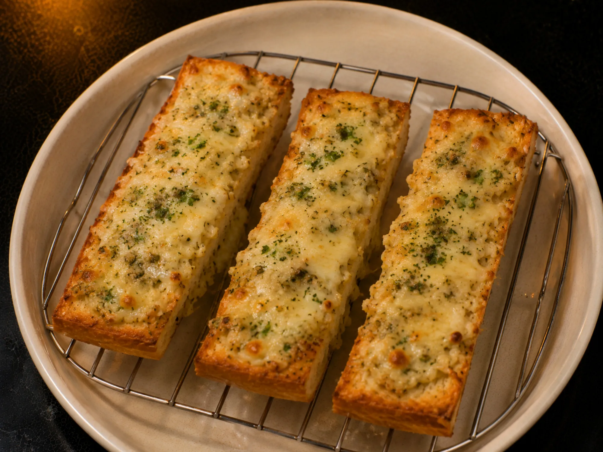 Thick slices of toast under a blistered layer of melted cheese flecked with green chilli and black pepper