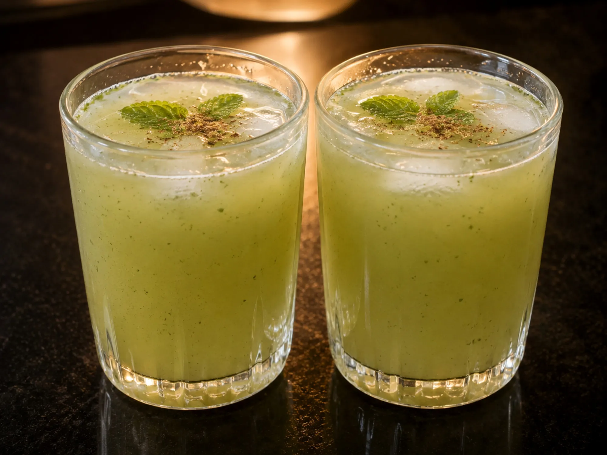 Two glasses of pale green aam panna with mint leaves and a dusting of roasted cumin