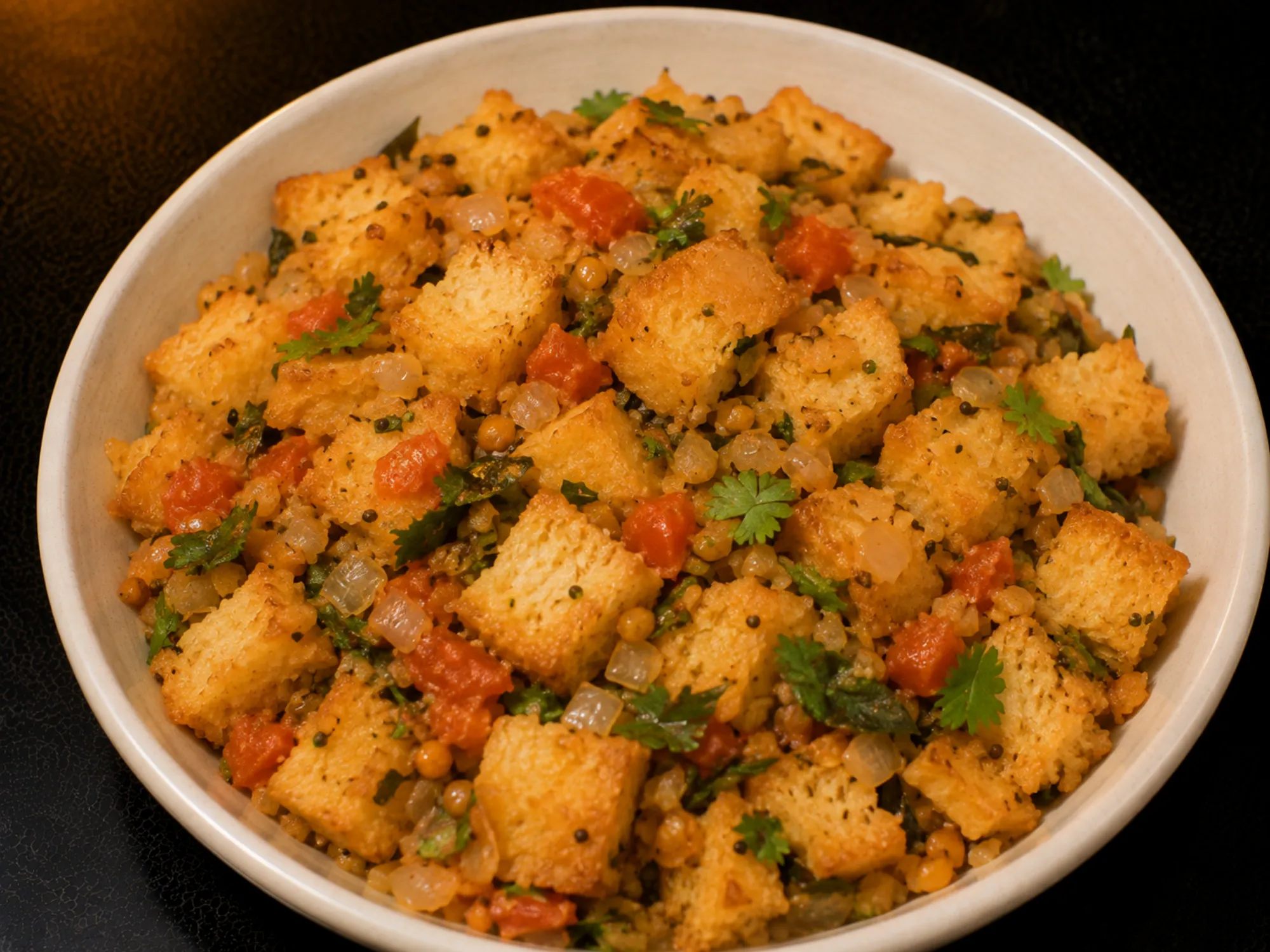 Cubes of bread tossed with onion and tomato in a kadai, flecked with coriander