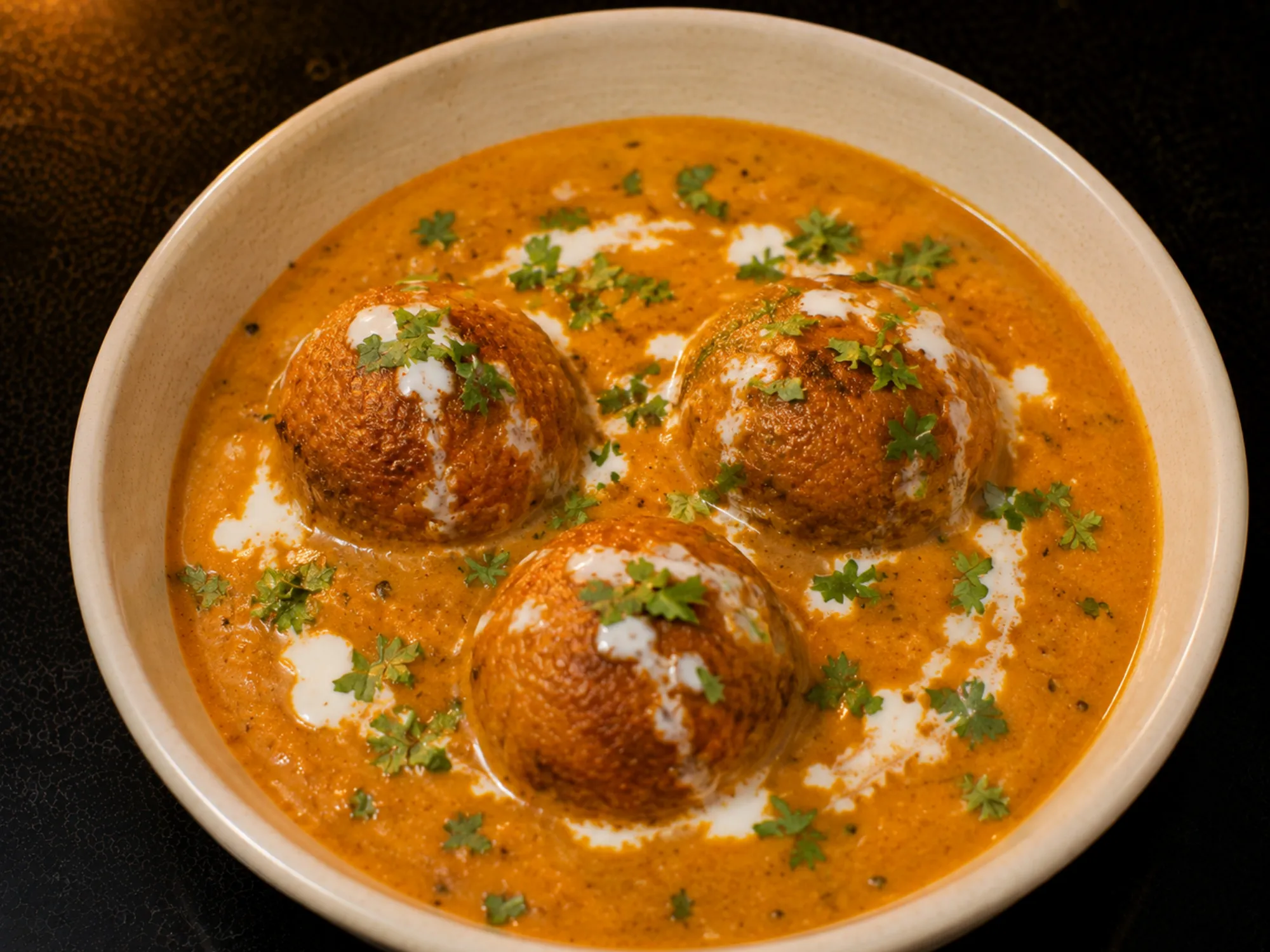 Browned koftas sitting in a smooth orange gravy, finished with cream and coriander
