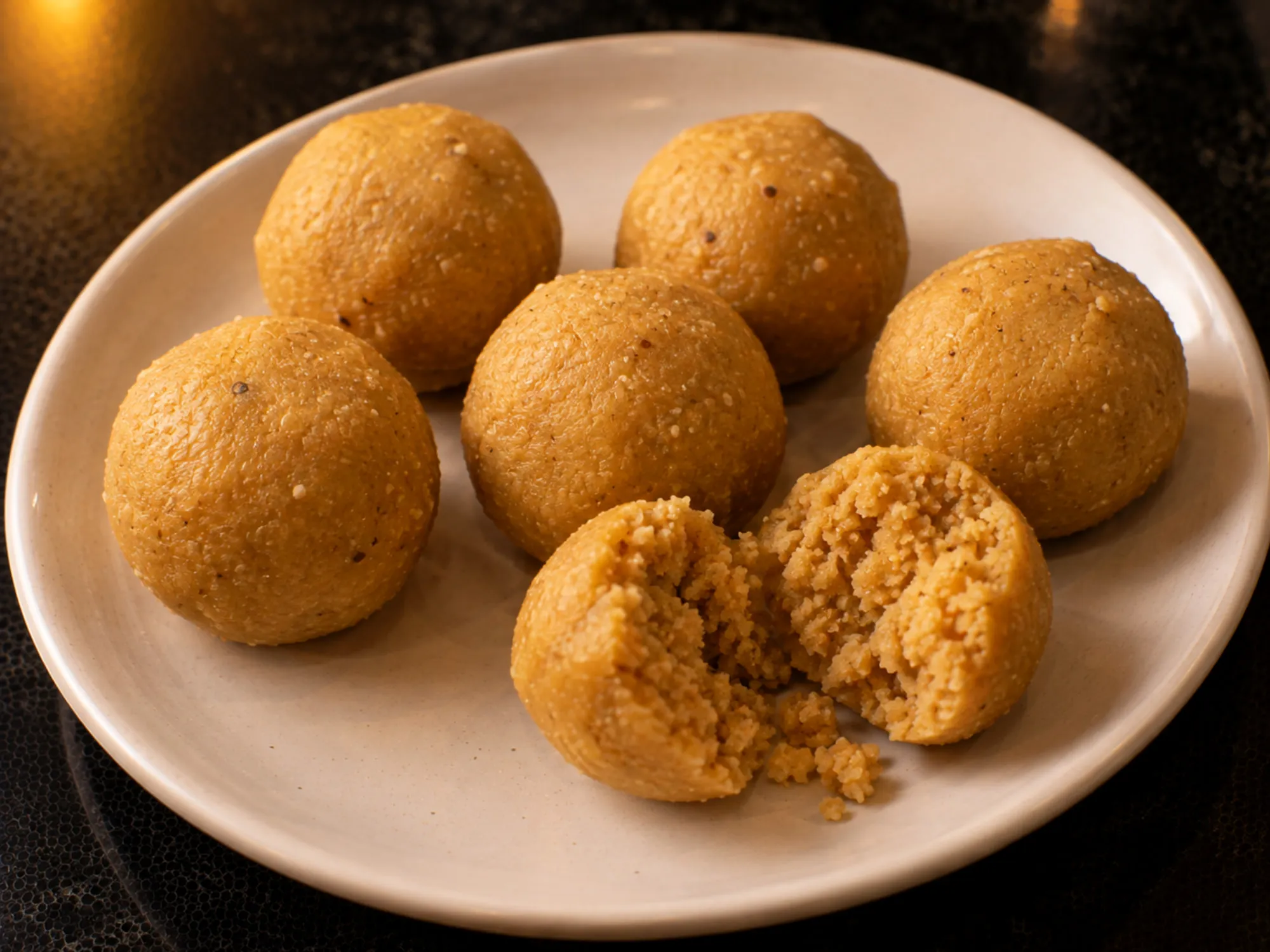 A row of pale golden besan ladoos on a steel plate, one broken open