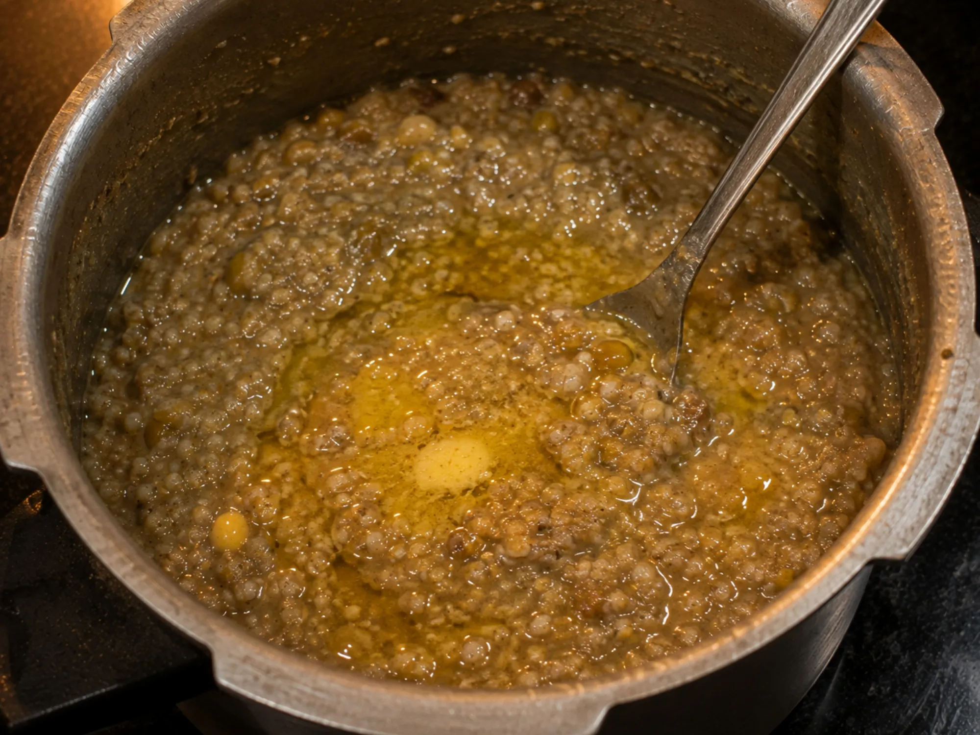 A bowl of grey-brown bajra khichdi with ghee poured over the top and a spoon standing in it